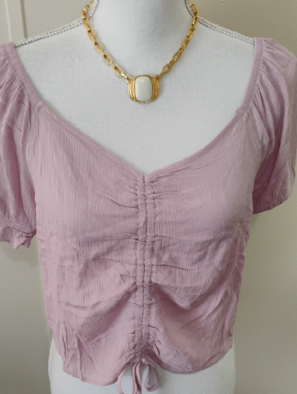 Pink Rose Ruched Drawstring Crop Top - Light Pink - Picture 2 of 6